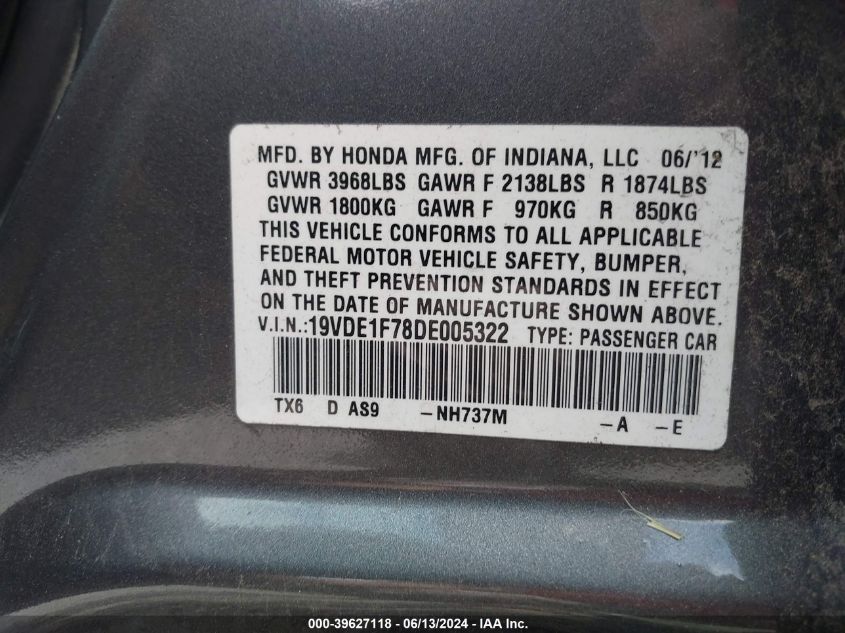 2013 Acura Ilx 2.0L VIN: 19VDE1F78DE005322 Lot: 39627118