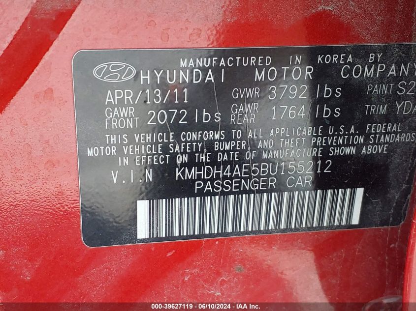 2011 Hyundai Elantra Limited (Ulsan Plant) VIN: KMHDH4AE5BU155212 Lot: 39627119