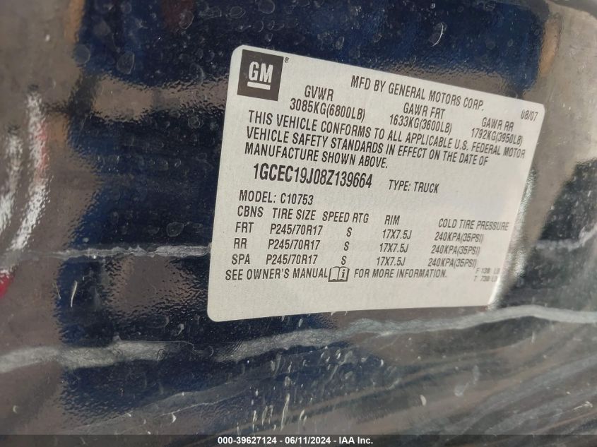 2008 Chevrolet Silverado 1500 Lt1 VIN: 1GCEC19J08Z139664 Lot: 39627124