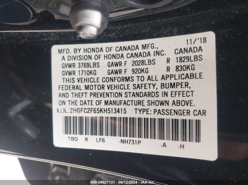 2019 Honda Civic Lx VIN: 2HGFC2F65KH513415 Lot: 39627131