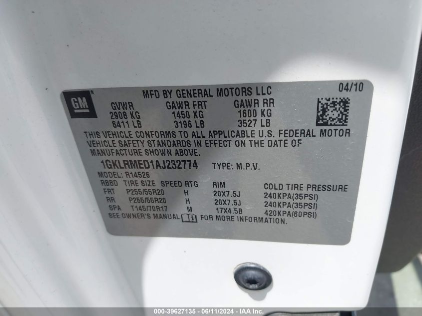 2010 GMC Acadia Slt-1 VIN: 1GKLRMED1AJ232774 Lot: 39627135