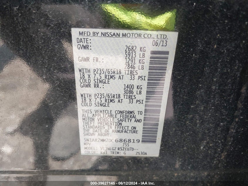 2013 Nissan Pathfinder Sl VIN: 5N1AR2MM2DC686819 Lot: 39627145