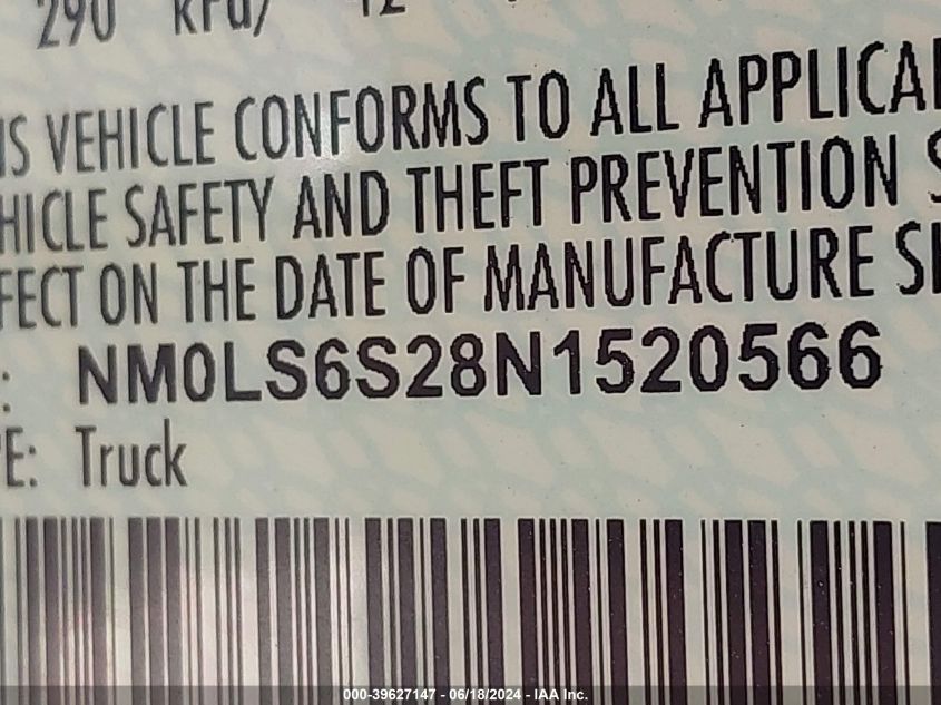 2022 Ford Transit Connect Xl VIN: NM0LS6S28N1520566 Lot: 39627147