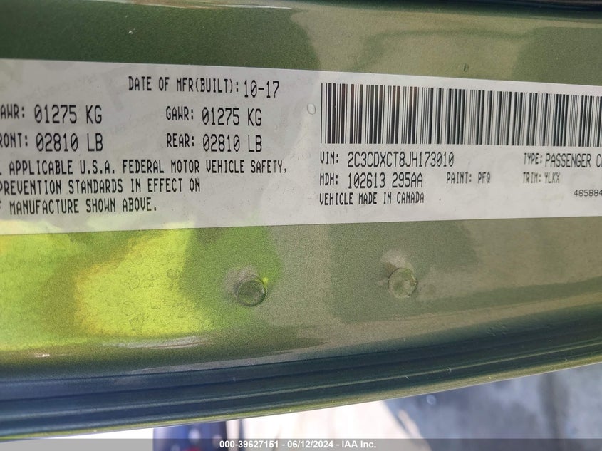 2018 Dodge Charger Daytona Rwd VIN: 2C3CDXCT8JH173010 Lot: 39627151