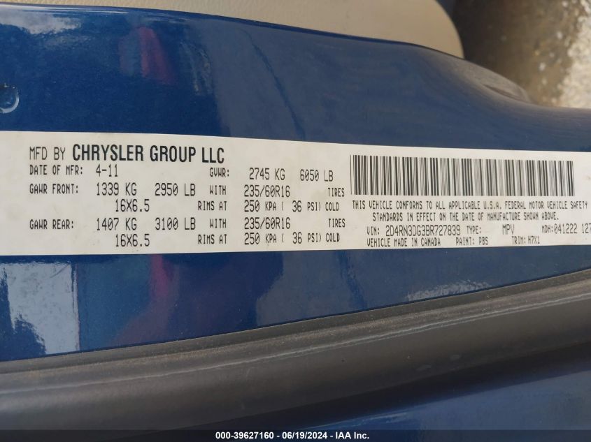 2011 Dodge Grand Caravan Mainstreet VIN: 2D4RN3DG3BR727839 Lot: 39627160