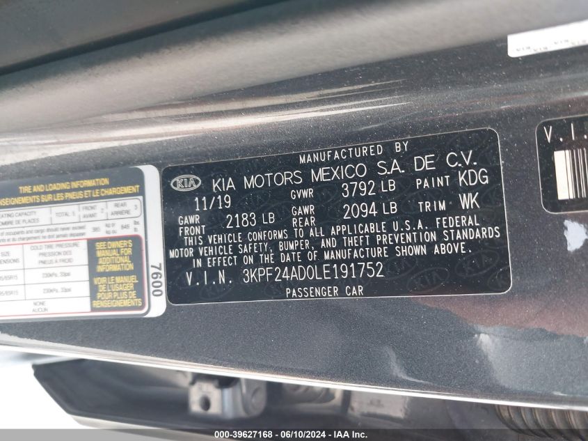 2020 Kia Forte Fe VIN: 3KPF24AD0LE191752 Lot: 39627168