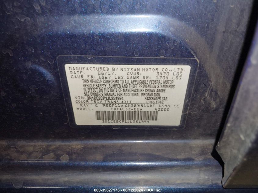 2018 Nissan Versa Note Sv VIN: 3N1CE2CP1JL351994 Lot: 39627175