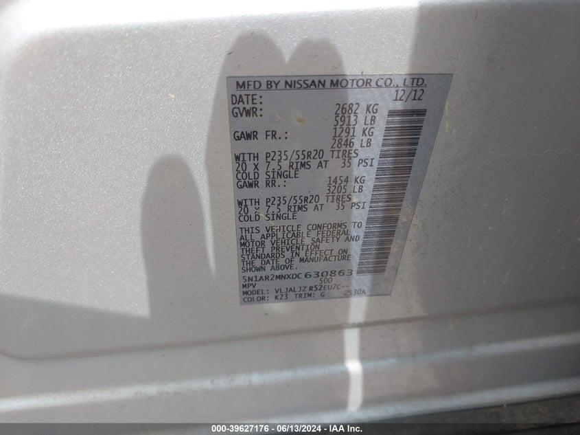 2013 Nissan Pathfinder Platinum VIN: 5N1AR2MNXDC630863 Lot: 39627176