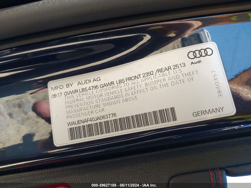 2018 Audi A4 2.0T Premium/2.0T Tech Premium VIN: WAUENAF40JA063776 Lot: 39627188