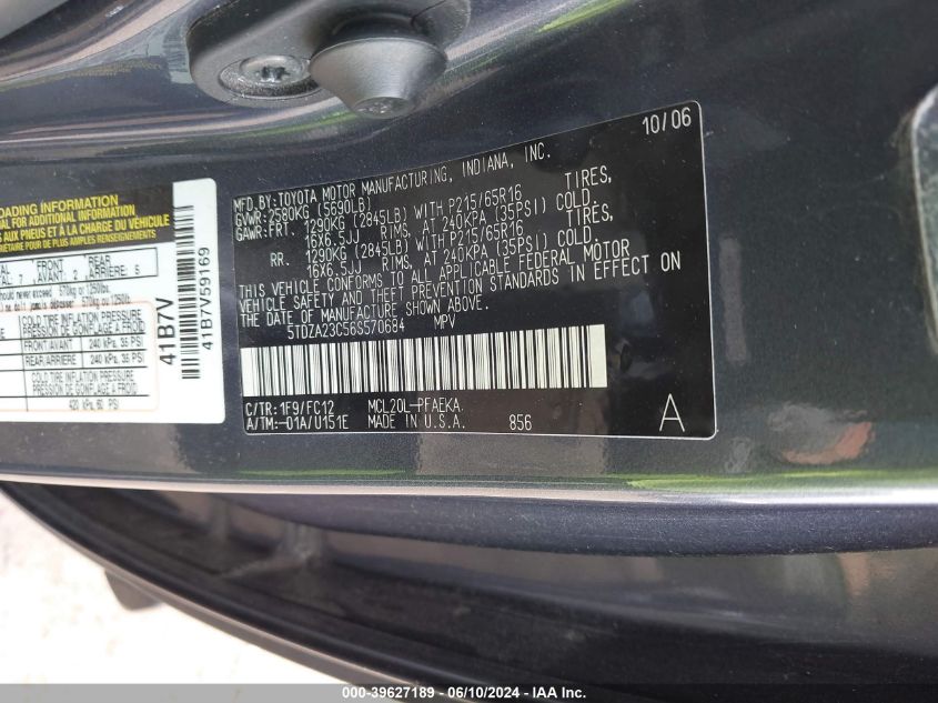 2006 Toyota Sienna Le VIN: 5TDZA23C56S570684 Lot: 39627189