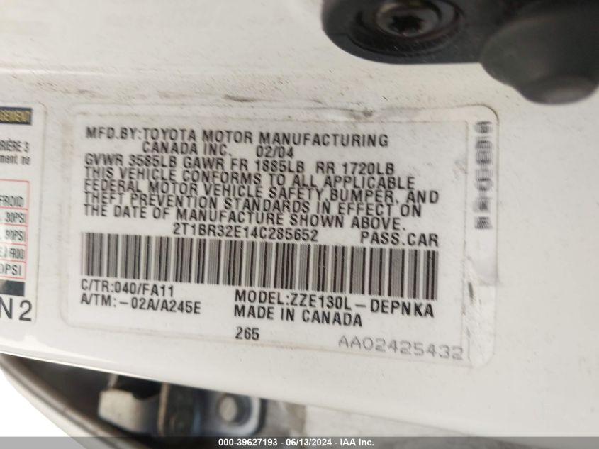 2004 Toyota Corolla Le VIN: 2T1BR32E14C285652 Lot: 39627193