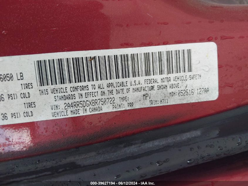 2011 Chrysler Town & Country Touring VIN: 2A4RR5DGXBR750722 Lot: 39627194