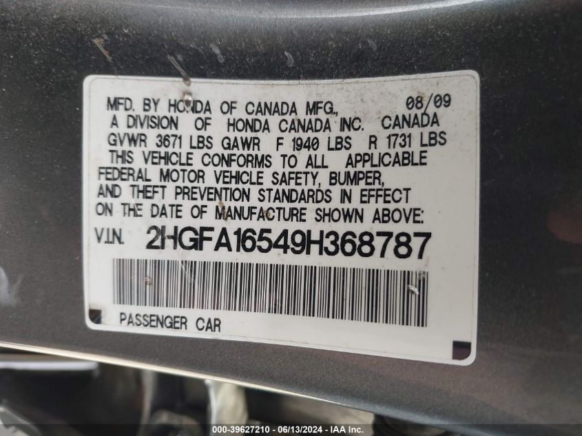 2009 Honda Civic Lx VIN: 2HGFA16549H368787 Lot: 39627210