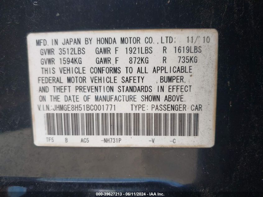 2011 Honda Fit Sport VIN: JHMGE8H51BC001771 Lot: 39627213