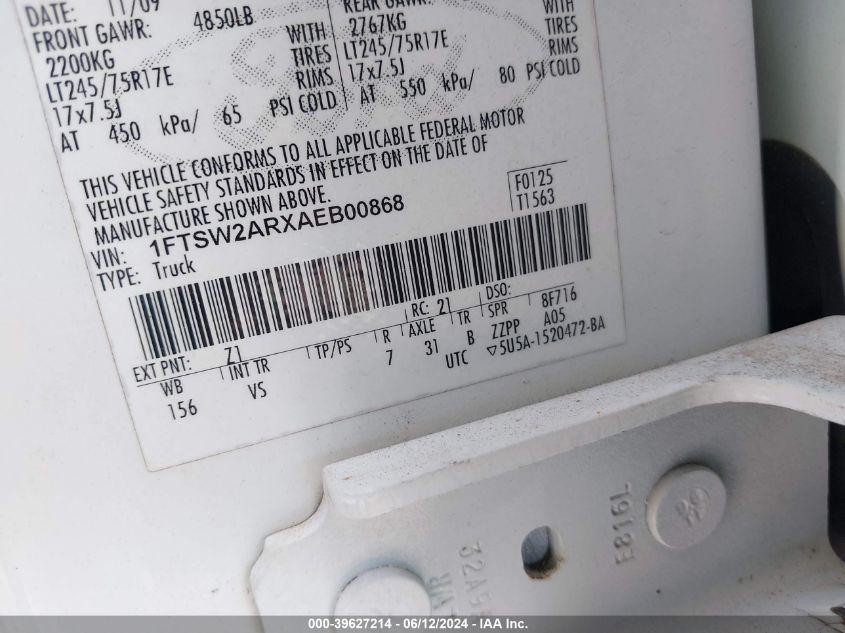 2010 Ford F-250 VIN: 1FTSW2ARXAEB00868 Lot: 39627214