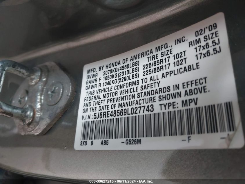 2009 Honda Cr-V Ex VIN: 5J6RE48569L027743 Lot: 39627215