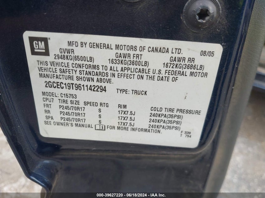 2006 Chevrolet Silverado 1500 Lt1 VIN: 2GCEC19T961142294 Lot: 39627220