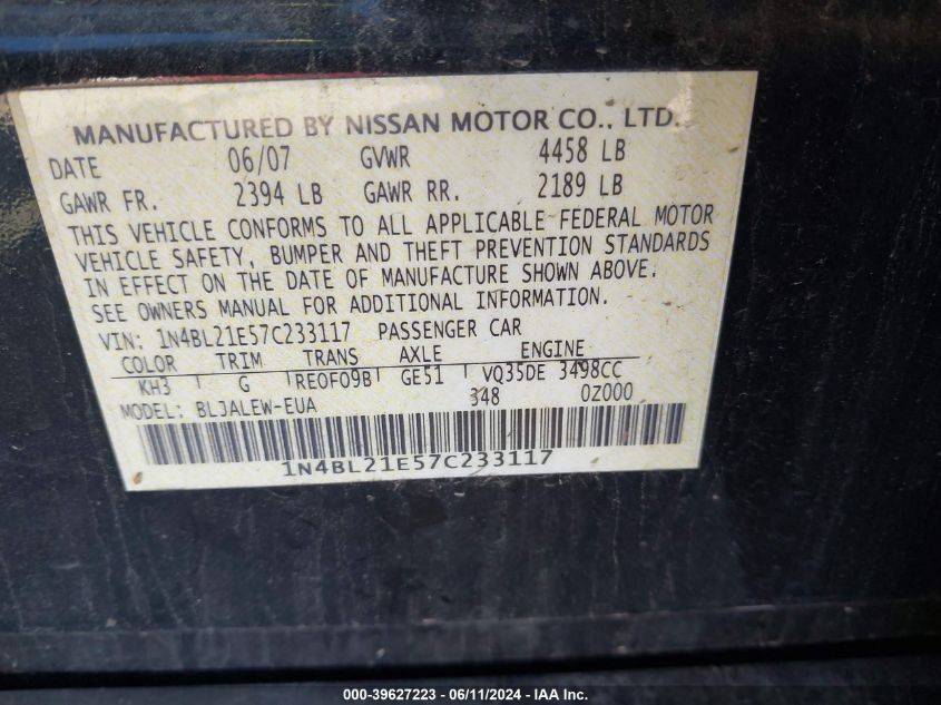 2007 Nissan Altima 3.5Se/3.5Sl VIN: 1N4BL21E57C233117 Lot: 39627223