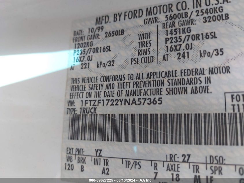 2000 Ford F-150 Work Series/Xl/Xlt VIN: 1FTZF1722YNA57365 Lot: 39627225