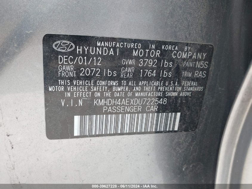 2013 Hyundai Elantra Limited VIN: KMHDH4AEXDU722548 Lot: 39627228