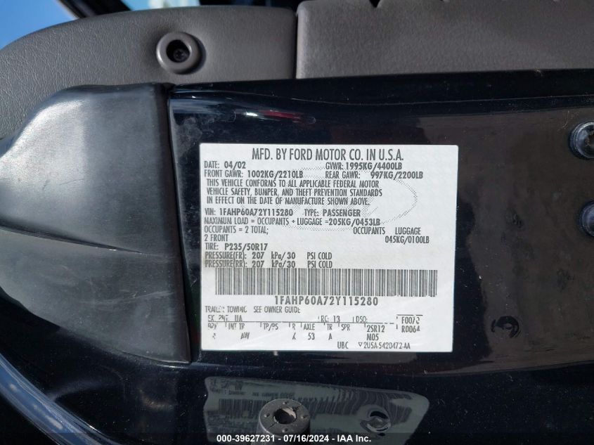 2002 Ford Thunderbird VIN: 1FAHP60A72Y115280 Lot: 39627231