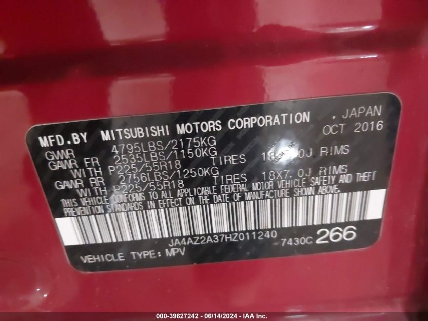 2017 Mitsubishi Outlander Es VIN: JA4AZ2A37HZ011240 Lot: 39627242