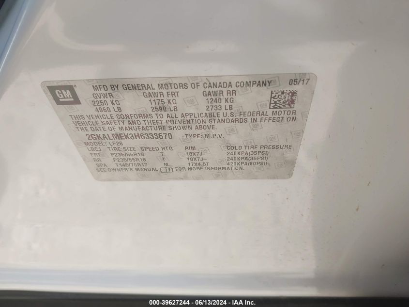 2017 GMC Terrain Sle-1 VIN: 2GKALMEK3H6333670 Lot: 39627244