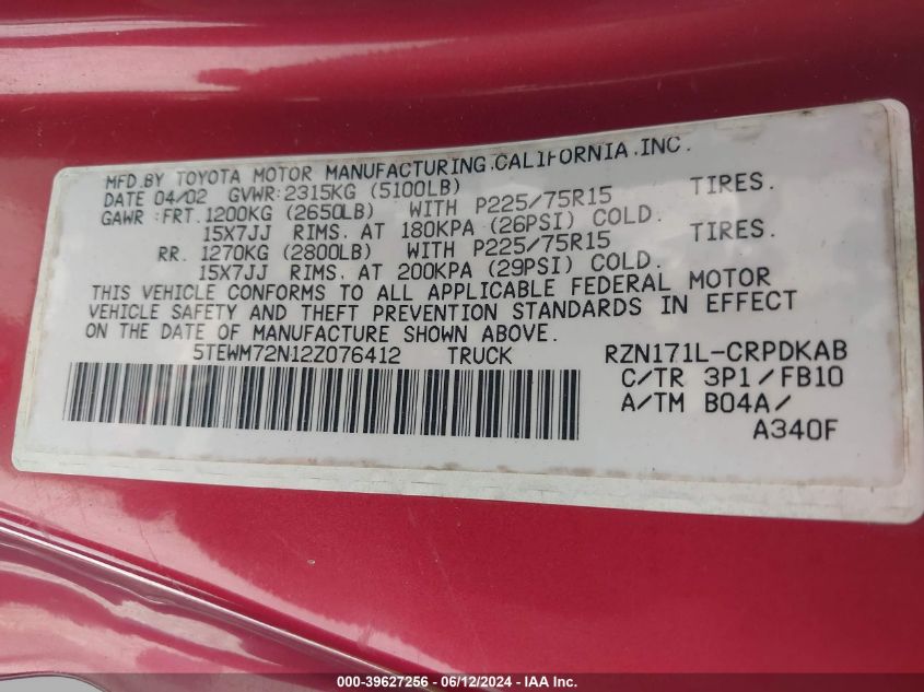 2002 Toyota Tacoma VIN: 5TEWM72N12Z076412 Lot: 39627256