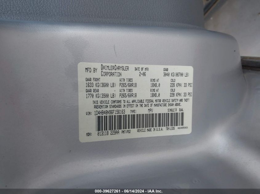 2006 Dodge Durango Slt VIN: 1D4HB48N96F156163 Lot: 39627261