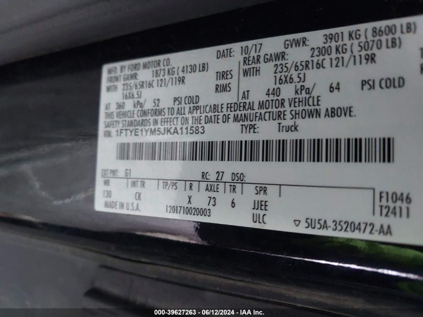 2018 Ford Transit-150 VIN: 1FTYE1YM5JKA11583 Lot: 39627263