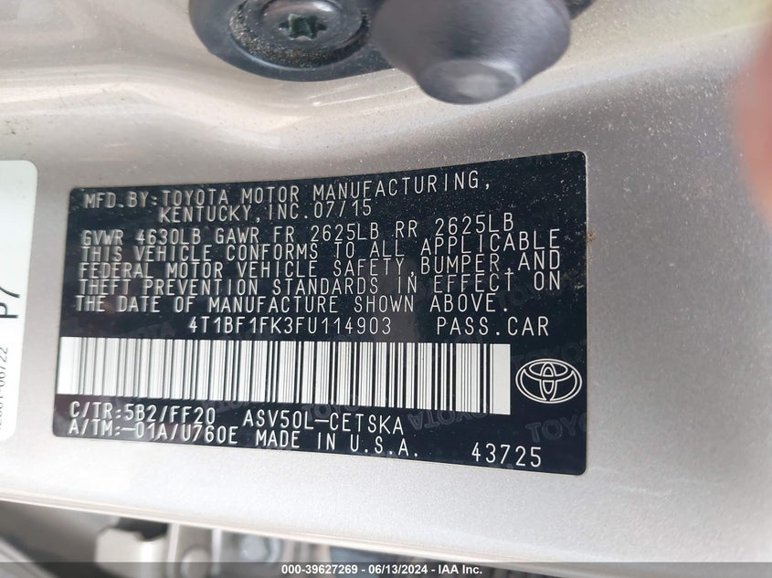 2015 Toyota Camry Se VIN: 4T1BF1FK3FU114903 Lot: 39627269