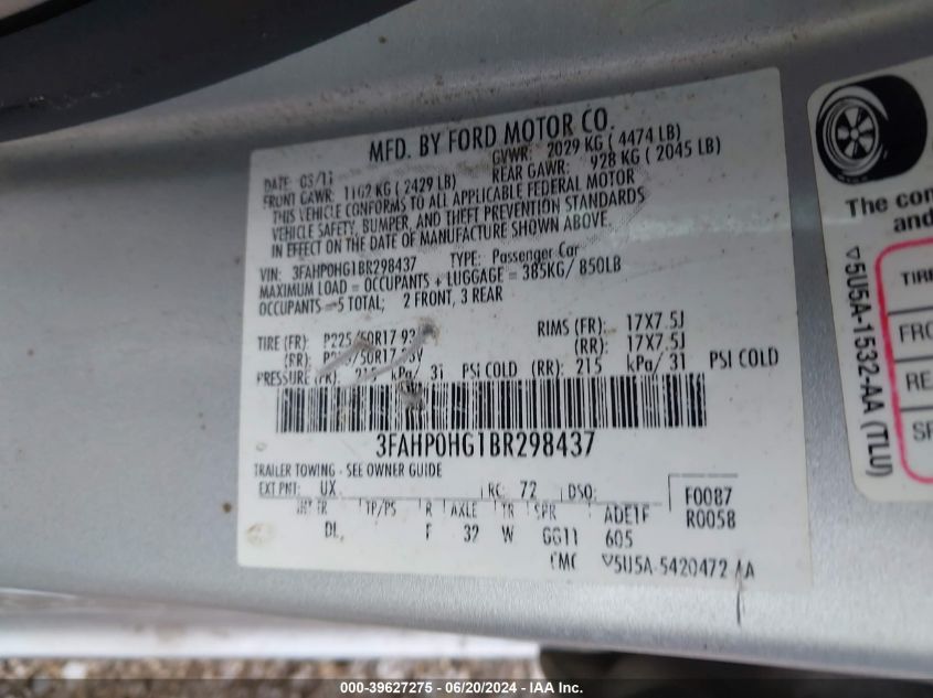 2011 Ford Fusion Se VIN: 3FAHP0HG1BR298437 Lot: 39627275