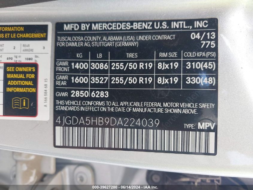 2013 Mercedes-Benz Ml 350 4Matic VIN: 4JGDA5HB9DA224039 Lot: 39627280