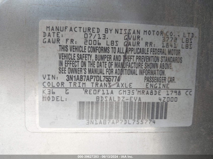 2013 Nissan Sentra Sv VIN: 3N1AB7AP7DL755774 Lot: 39627283