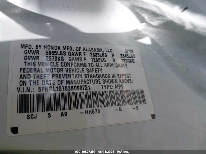 2003 Honda Odyssey Ex-L VIN: 5FNRL18763B090721 Lot: 39627299