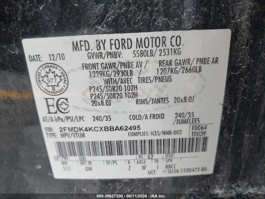 2011 Ford Edge Limited VIN: 2FMDK4KCXBBA62495 Lot: 39627300