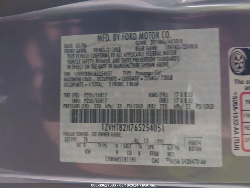2006 Ford Mustang Gt VIN: 1ZVHT82H765254051 Lot: 39627303