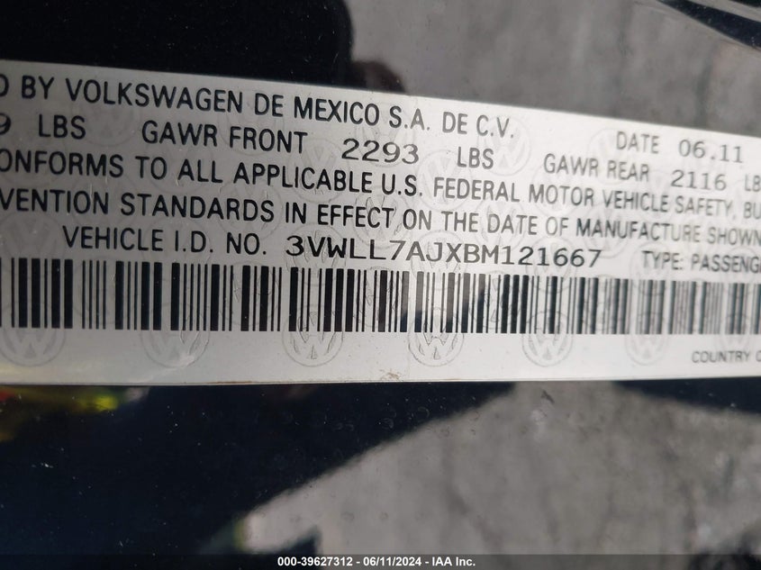 2011 Volkswagen Jetta 2.0L Tdi VIN: 3VWLL7AJXBM121667 Lot: 39627312