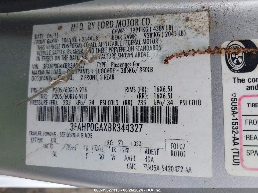 2011 Ford Fusion S VIN: 3FAHP0GAXBR344327 Lot: 39627313