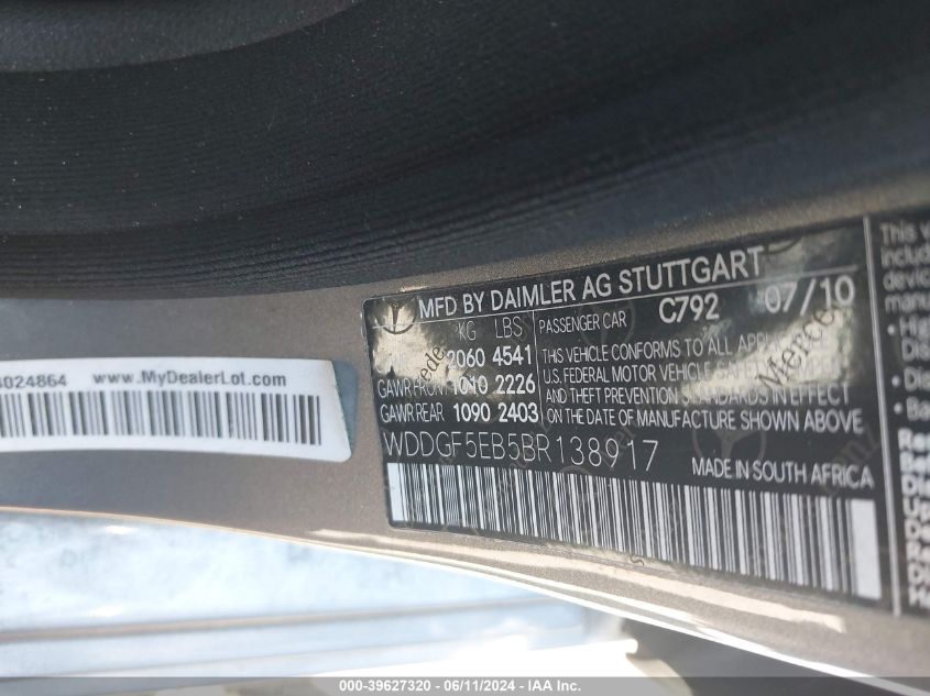 2011 Mercedes-Benz C 300 Luxury/Sport VIN: WDDGF5EB5BR138917 Lot: 39627320