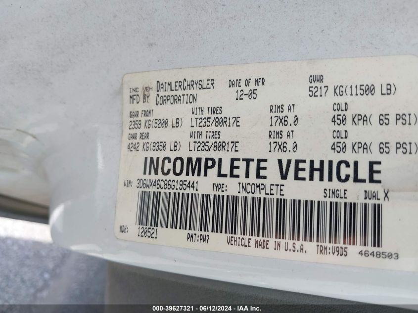 2006 Dodge Ram 3500 Slt/Sport VIN: 3D6WX46C86G195441 Lot: 39627321