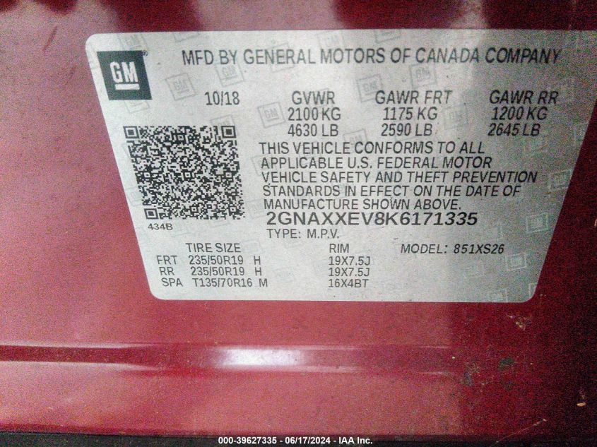 2019 Chevrolet Equinox Premier VIN: 2GNAXXEV8K6171335 Lot: 39627335