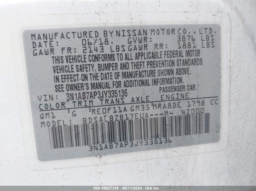2018 Nissan Sentra S VIN: 3N1AB7AP3JY335136 Lot: 39627338