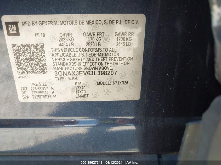 2018 Chevrolet Equinox Lt VIN: 3GNAXJEV6JL398207 Lot: 39627343