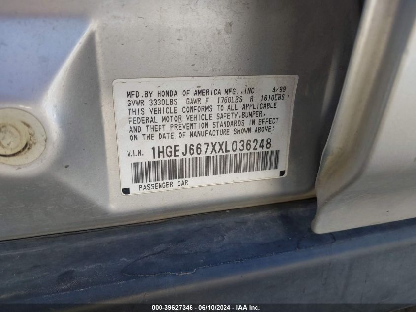 1999 Honda Civic Lx VIN: 1HGEJ667XXL036248 Lot: 39627346