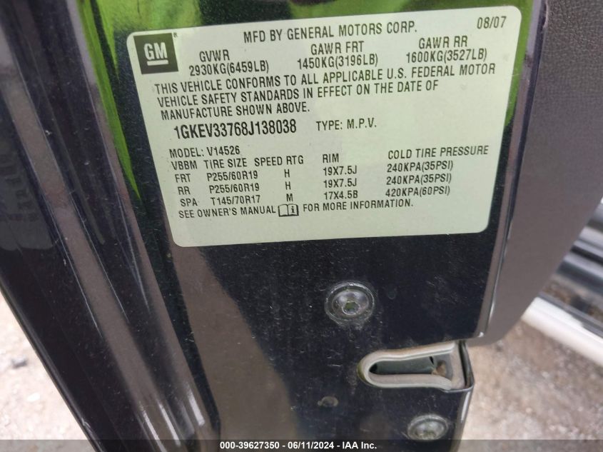 2008 GMC Acadia Slt-2 VIN: 1GKEV33768J138038 Lot: 39627350