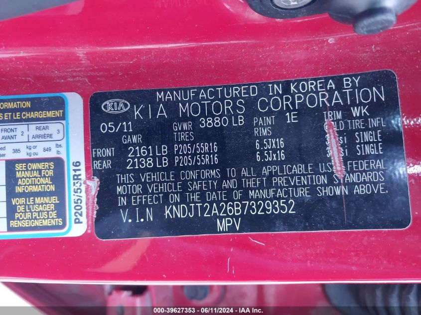 2011 Kia Soul + VIN: KNDJT2A26B7329352 Lot: 39627353