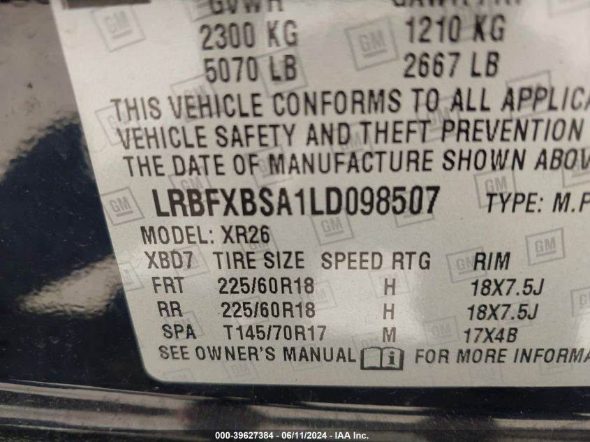 2020 Buick Envision Fwd Preferred VIN: LRBFXBSA1LD098507 Lot: 39627384