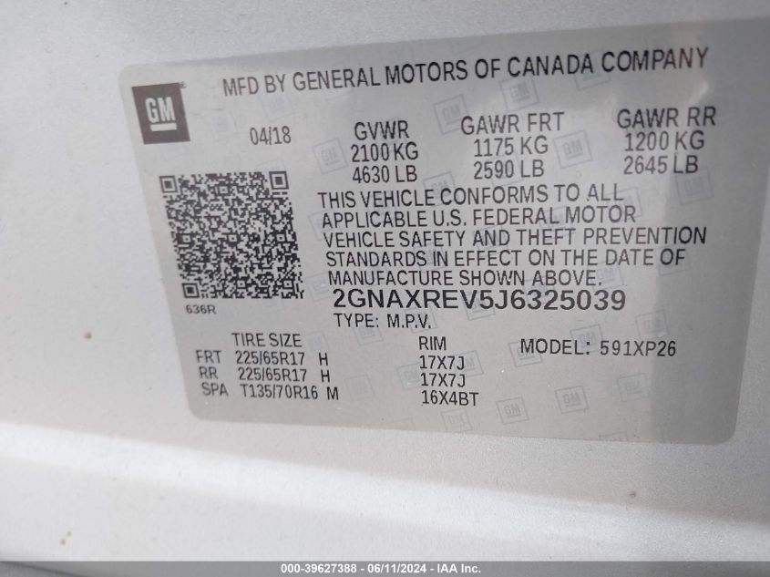 2GNAXREV5J8325039 2018 Chevrolet Equinox Ls