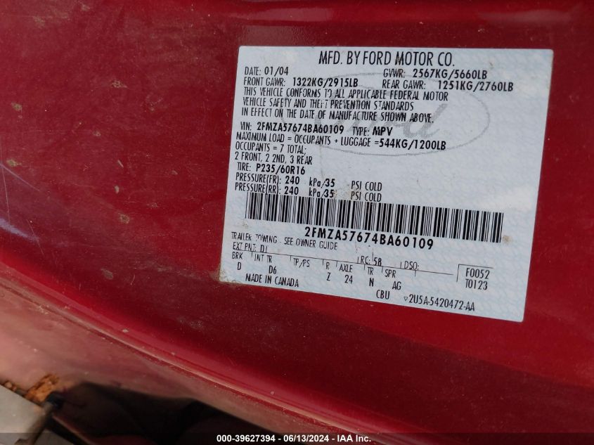 2004 Ford Freestar Ses VIN: 2FMZA57674BA60109 Lot: 39627394